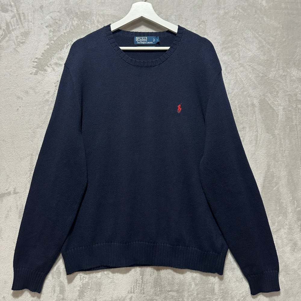 Polo Ralph Lauren Mens Large Navy Blue Cotton Crewneck Sweater Red Pony Logo